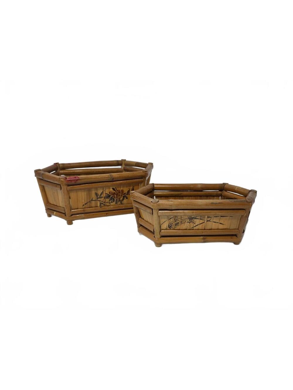 Bamboo Planter Baskets Set of 2 Hexagonal Floral & Leaf Design Boho Decor
